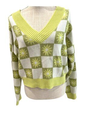 Madden NYC Womens Green & White Checkered V-Neck Sweater XL